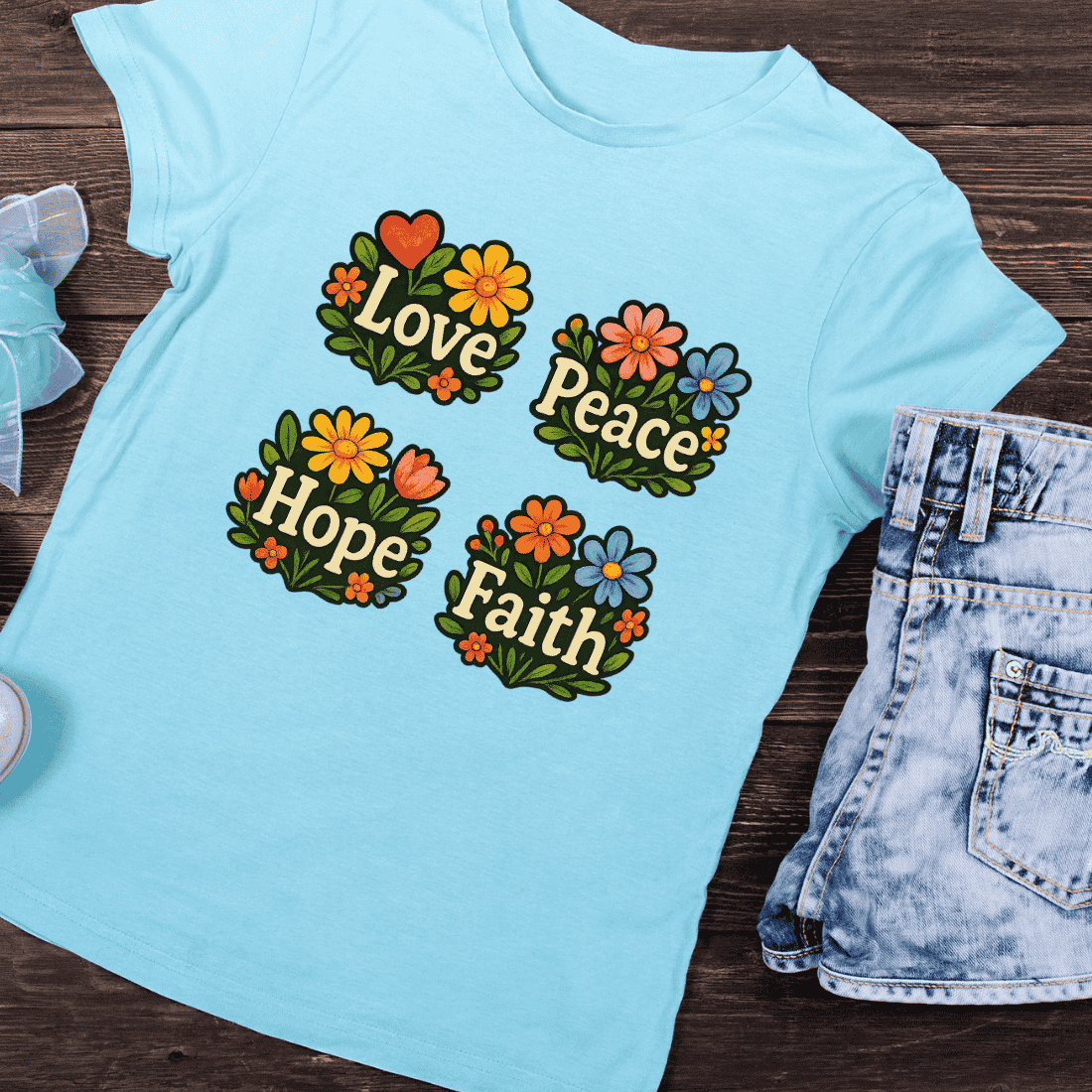 Love Peace Hope Faith Retro PNG T-Shirt Design preview image.