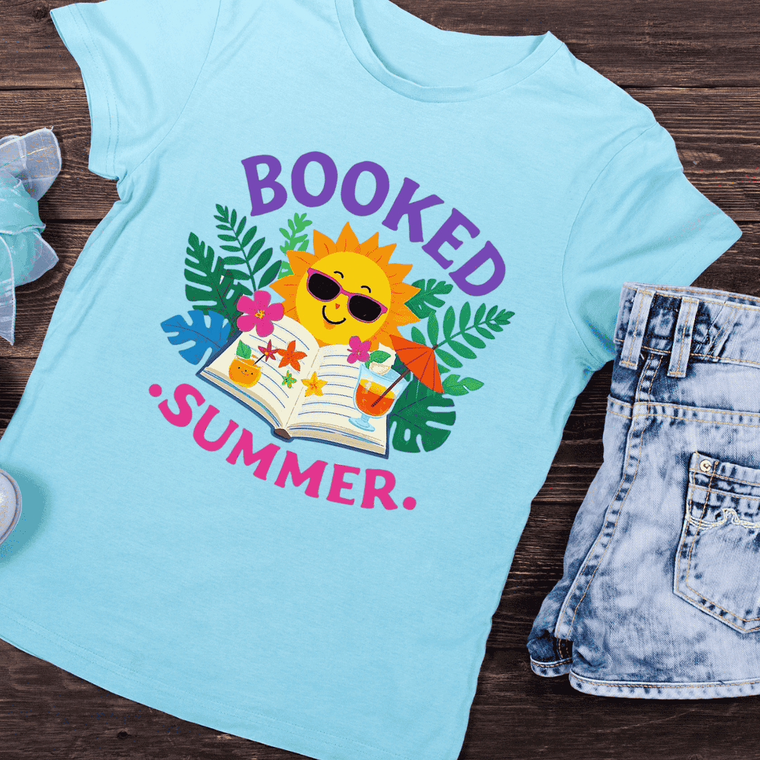 Happy Sun with Book and Tropical Plants T-Shirt Design preview image.
