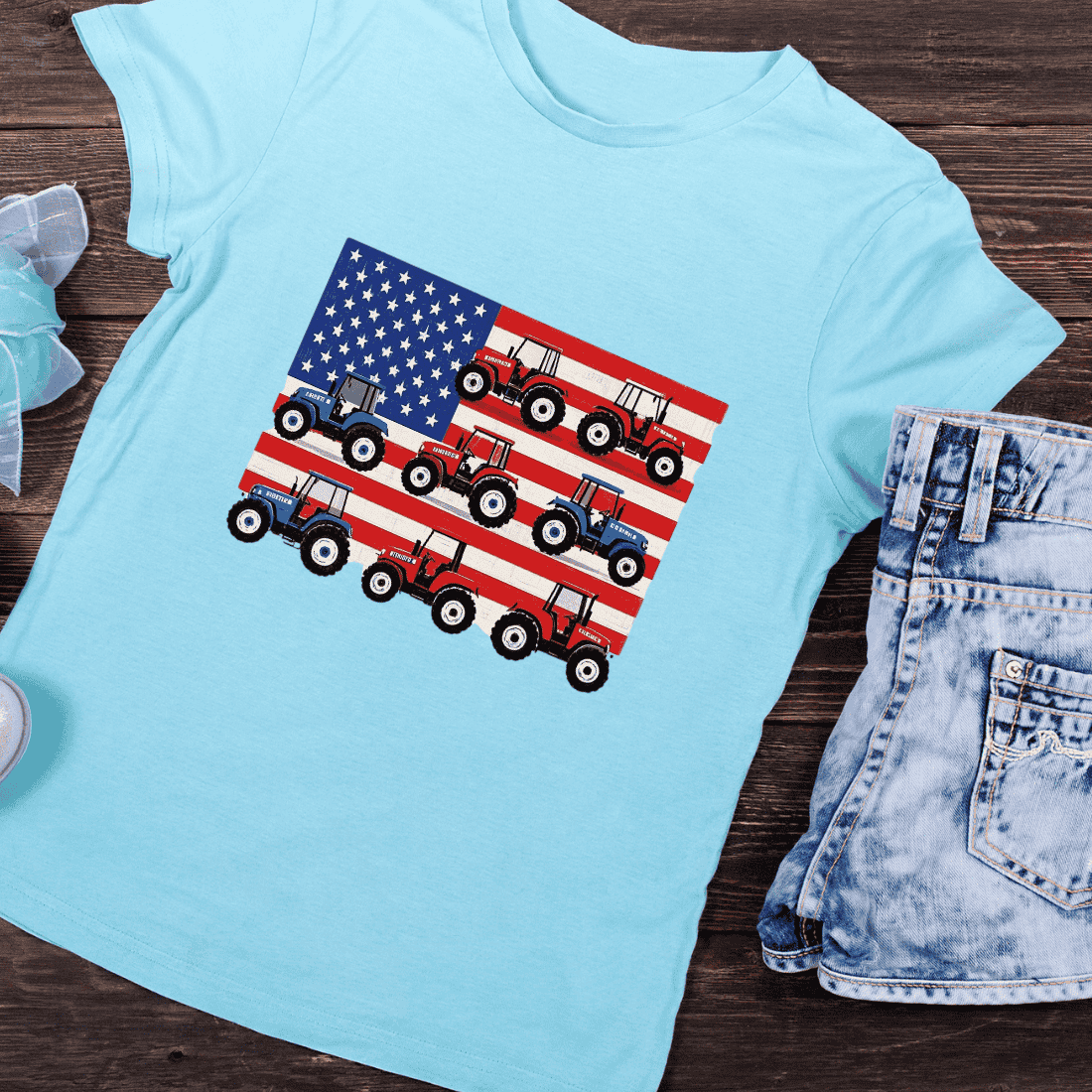 Red Blue Tractors on US Flag T-Shirt Design preview image.
