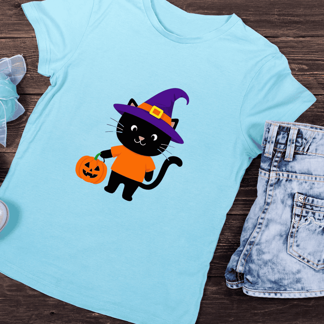 Spooky Season Black Cat Jack O Lantern T-Shirt Design preview image.