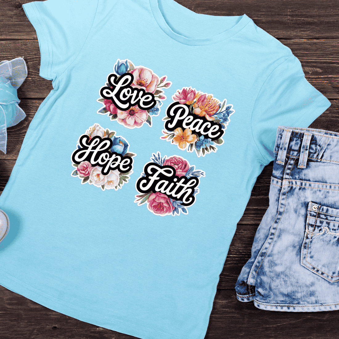 Love Peace Hope Faith Floral PNG T-Shirt Design preview image.