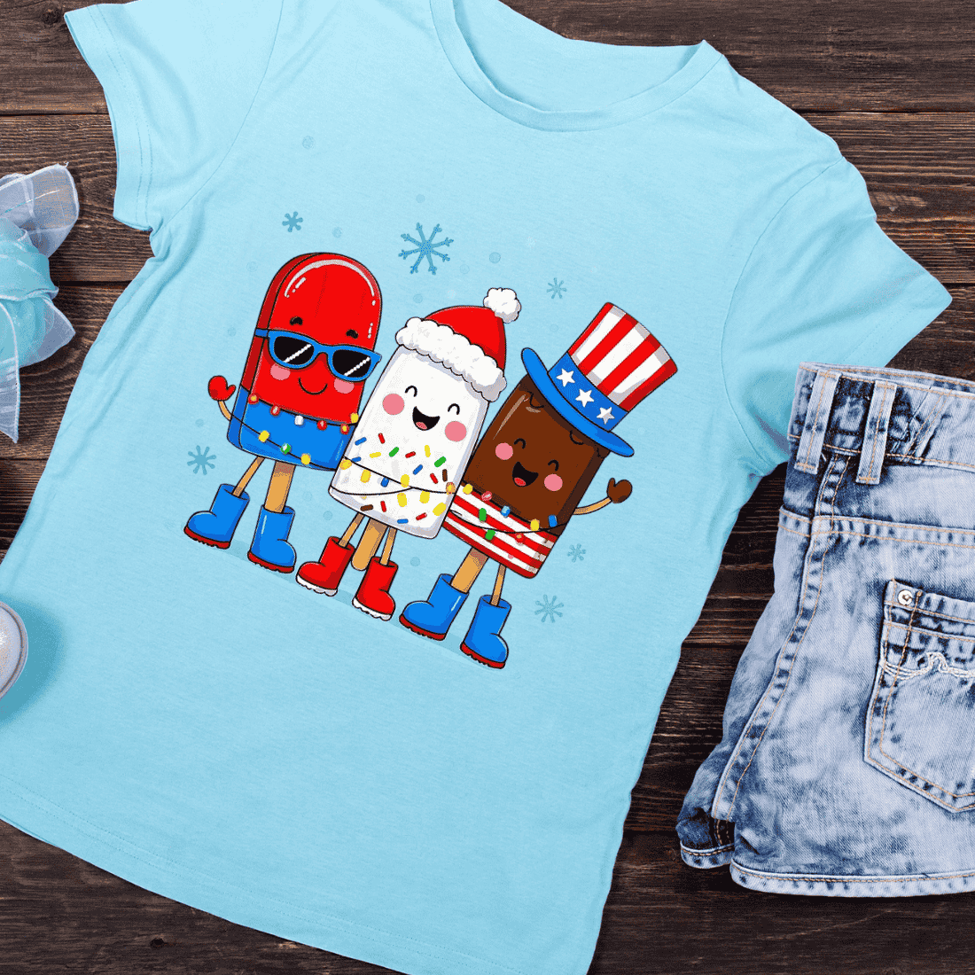 American Flag Ice Pop with Holiday Friends T-Shirt Design preview image.