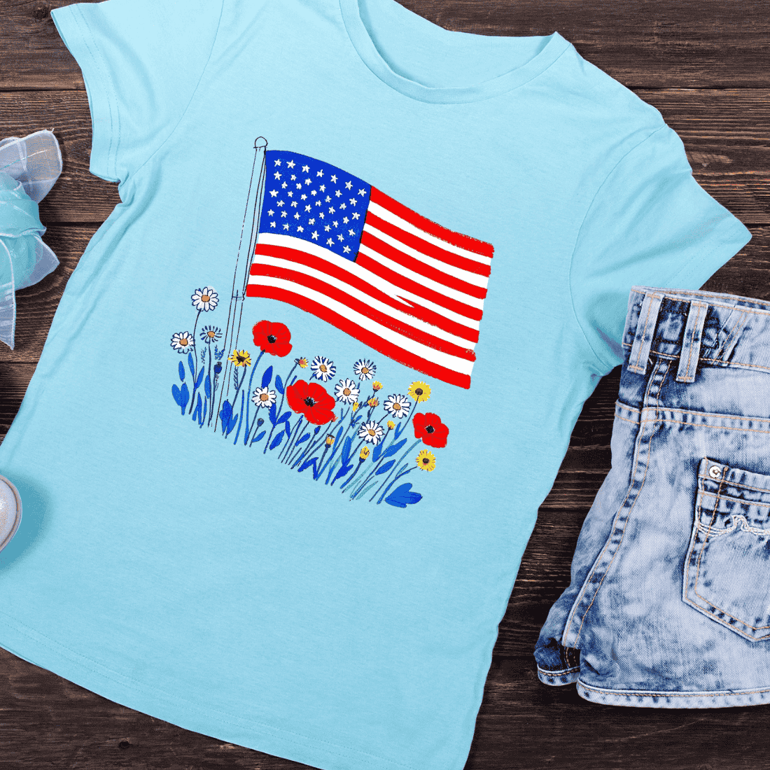 American Flag Poppies Daisies T-Shirt Design preview image.