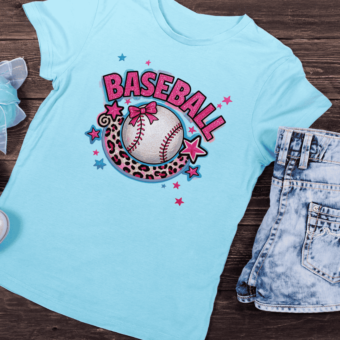 Baseball Glitter Pink Bow Leopard Moon T-Shirt Design preview image.