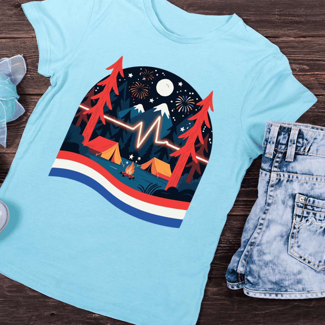 American Flag Camping Firework T-Shirt Design preview image.