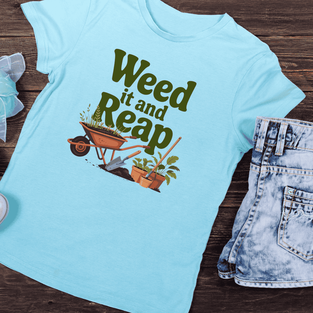 Cute Garden Tools and Plants T-Shirt Design preview image.