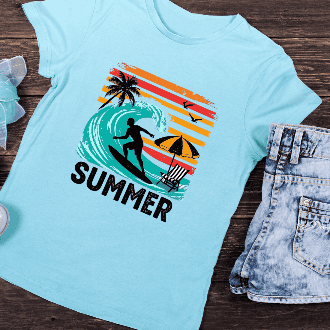 Vintage Surfer Palm Tree T-Shirt Design preview image.