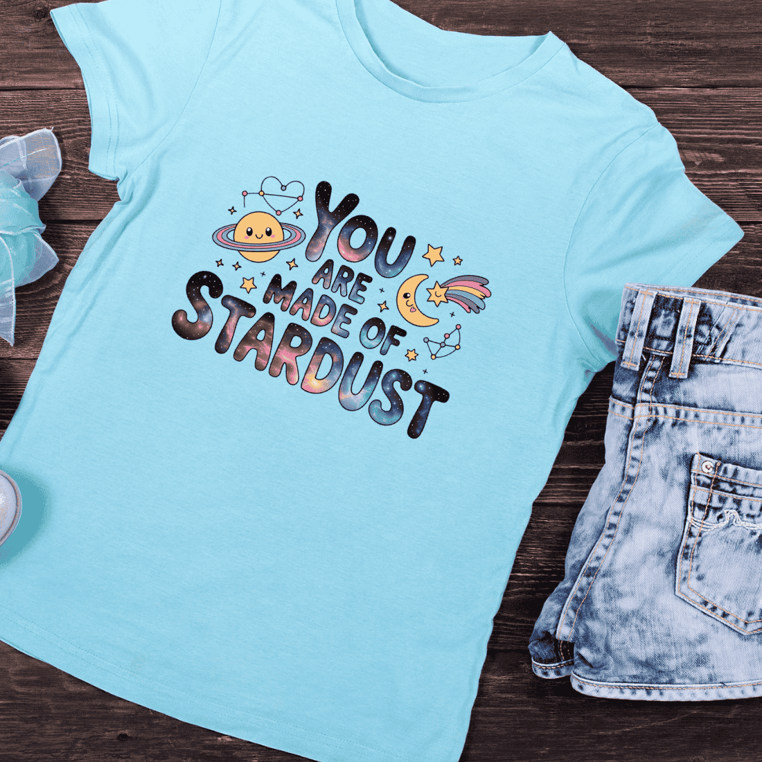 Kawaii Space Quote with Moon, Stars, and Planet T-Shirt Design preview image.