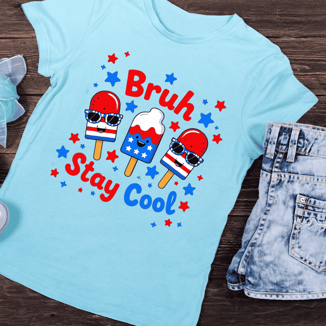 Funny 4th of July Ice Pops with Sunglasses T-Shirt Design preview image.