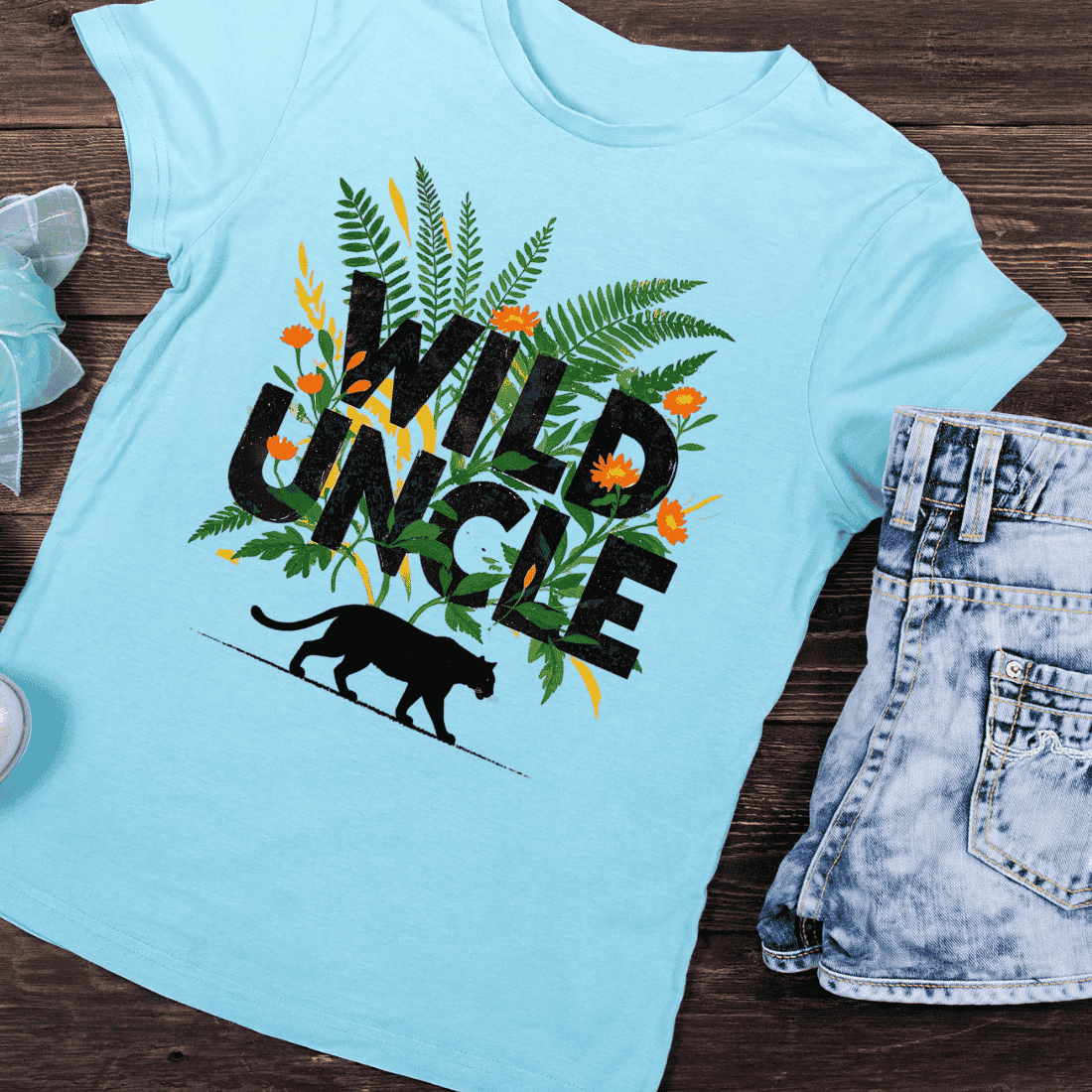 Jungle Theme Uncle with Orange Marigolds T-Shirt Design preview image.