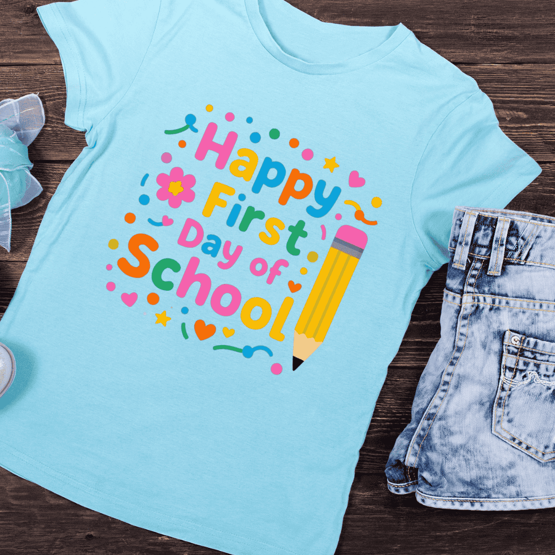 Pencil and First Day of School Greeting T-Shirt Design preview image.