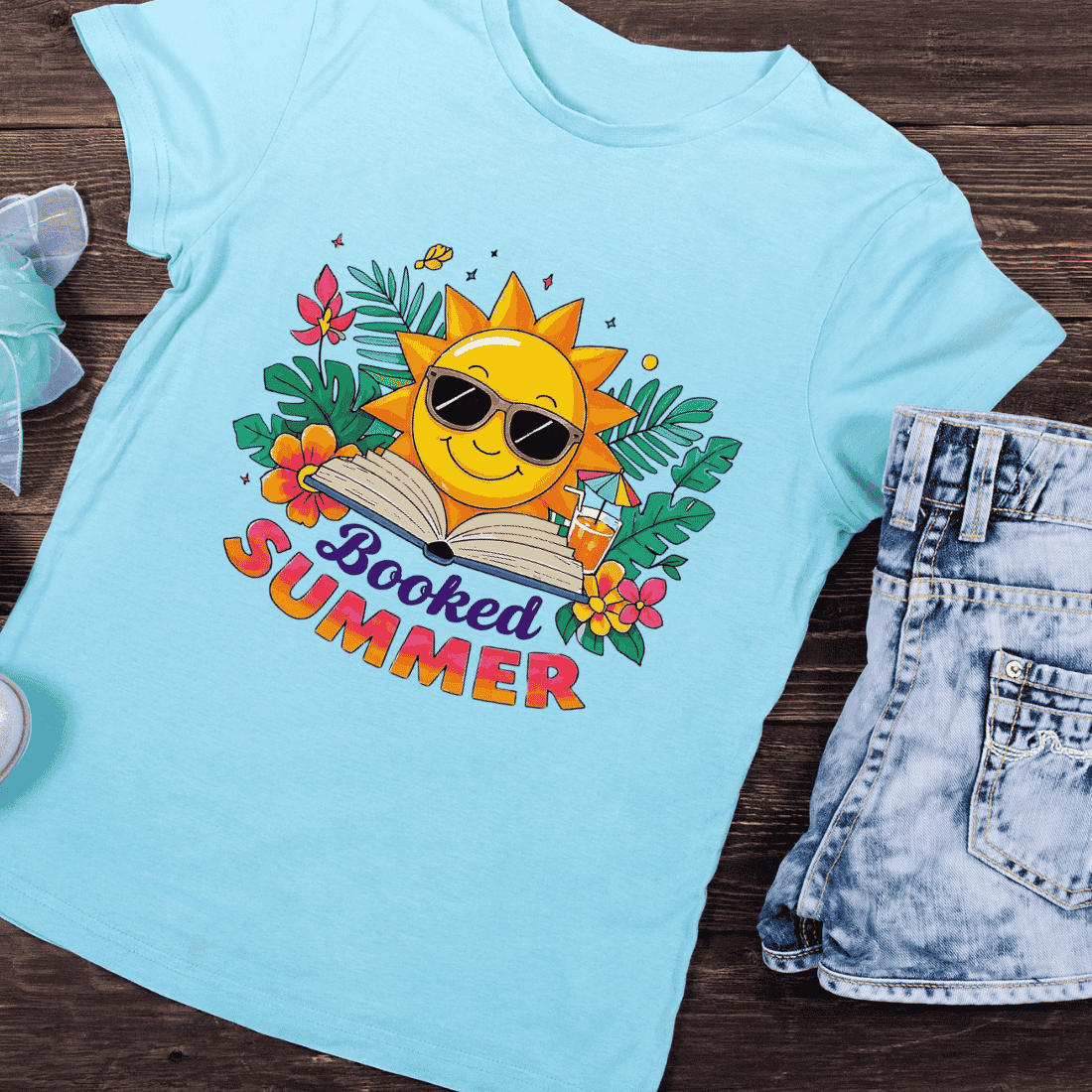 Booked Summer Reading Sun T-Shirt Design preview image.