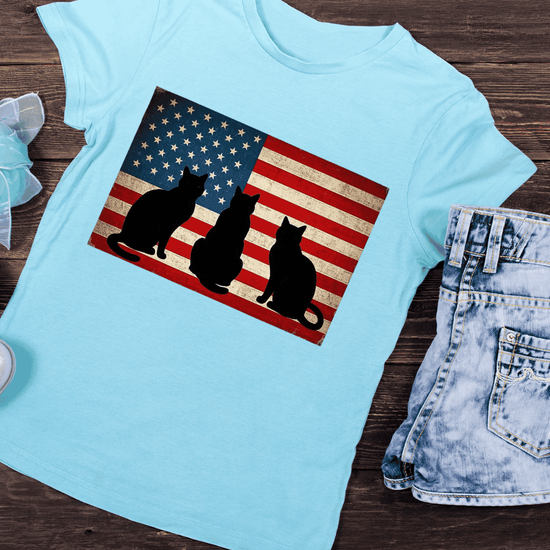 Black Cat With Patriotic Vintage Flag T-Shirt Design preview image.