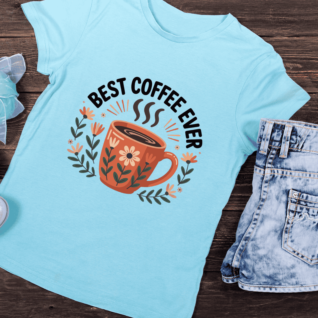 Steaming Coffee and Flowers T-Shirt Design preview image.