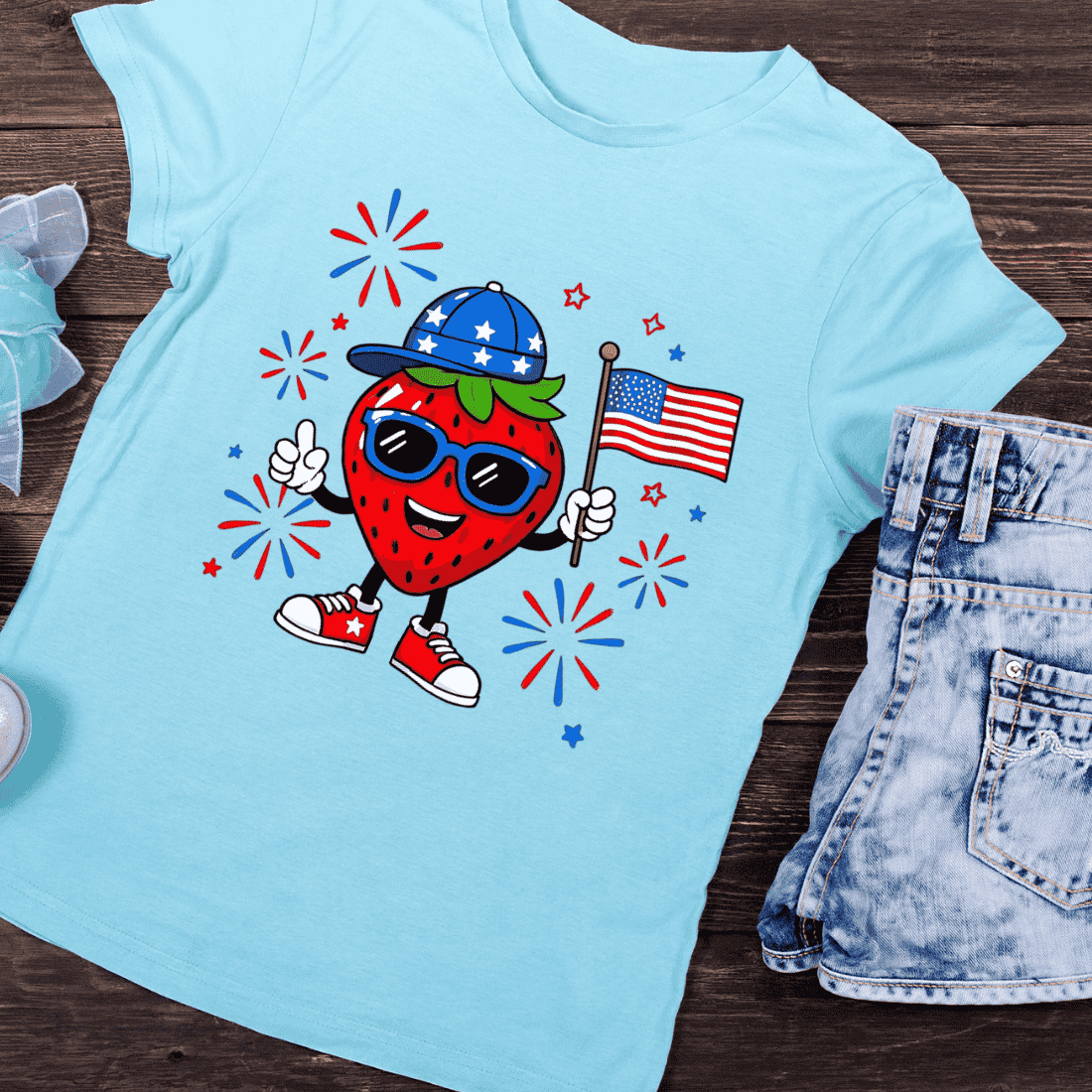 American Holiday Strawberry Character T-Shirt Design preview image.