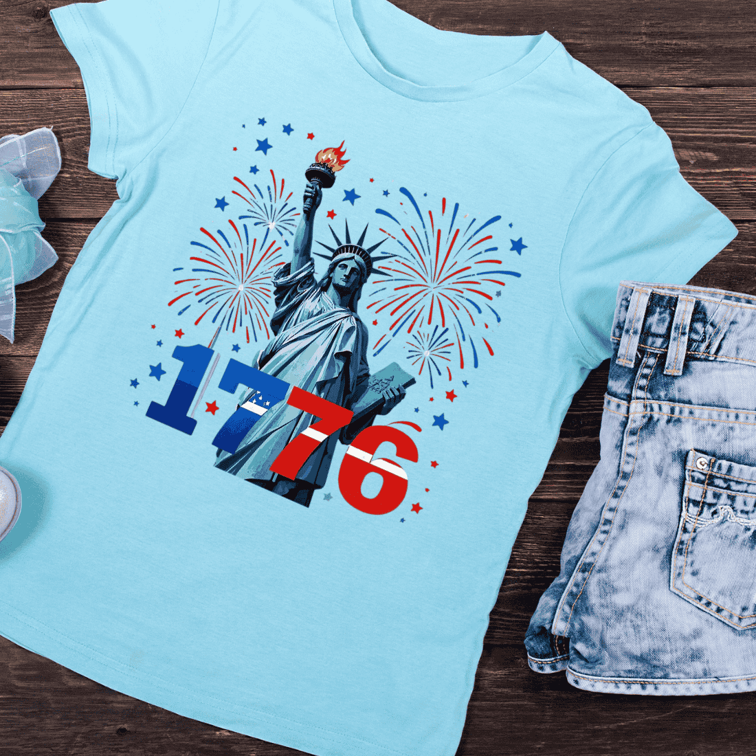 Statue of Liberty 1776 Fireworks T-Shirt Design preview image.