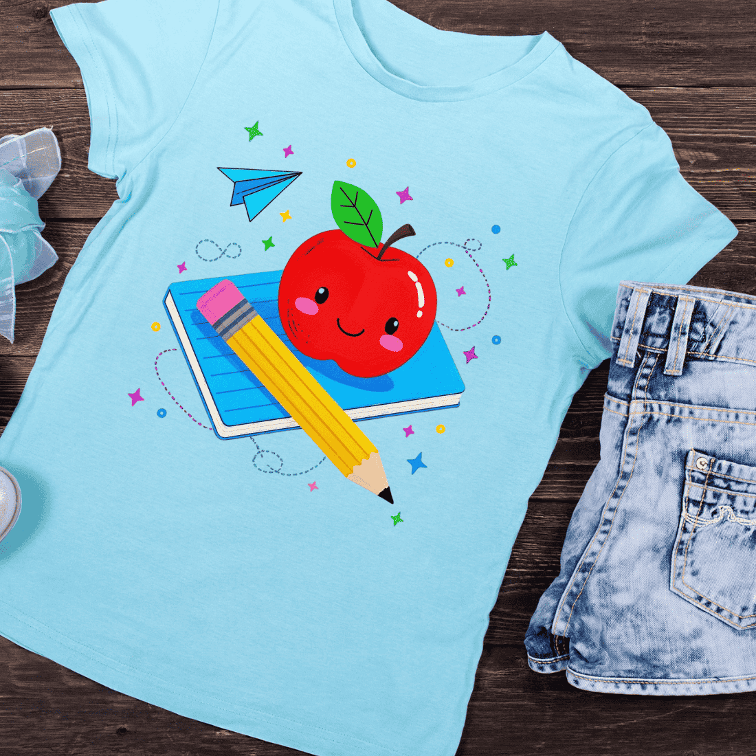 Cute School Apple Book Pencil T-Shirt Design preview image.