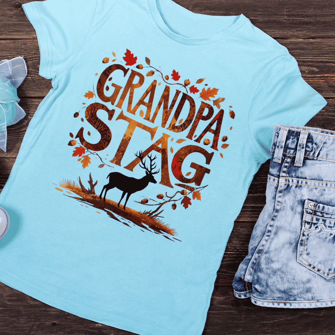 Rustic Grandpa Stag with Fall Leaves T-Shirt Design preview image.