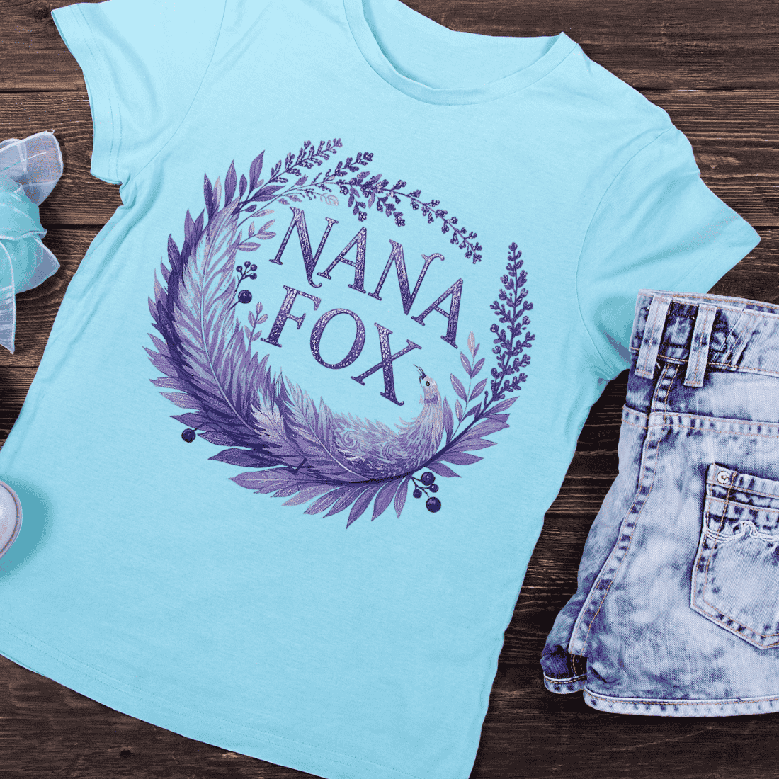 Whimsical Grandma Fox with Purple Foliage T-Shirt Design preview image.