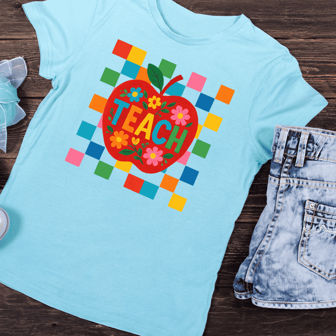 Colorful Teach Apple Floral PNG T-Shirt Design preview image.