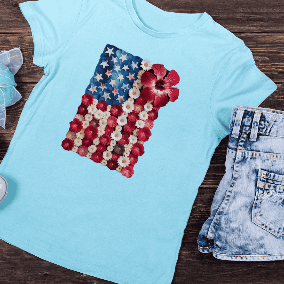 Floral USA Flag Patriotic T-Shirt Design preview image.