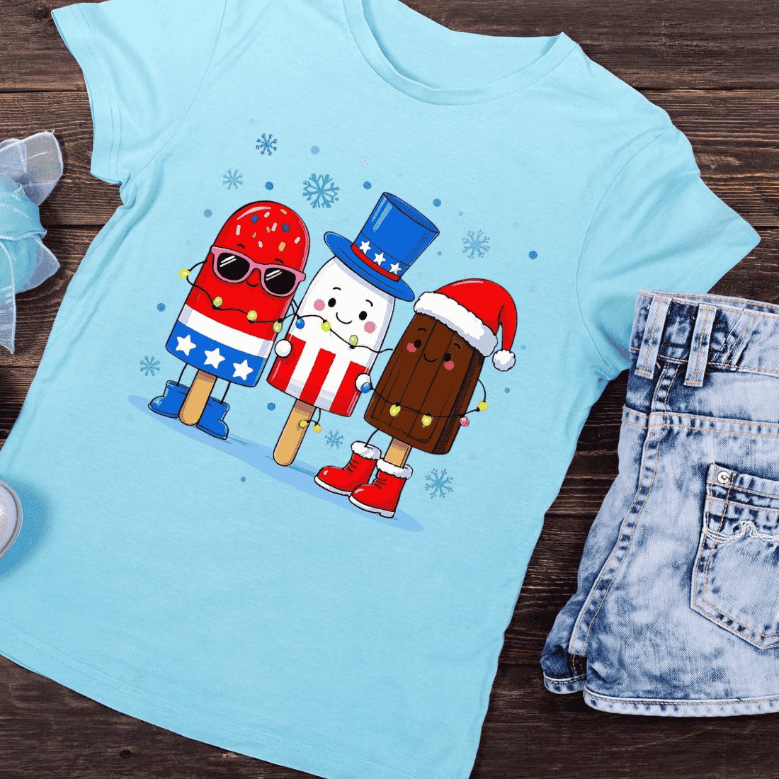 USA Themed Popsicle Characters in Winter T-Shirt Design preview image.