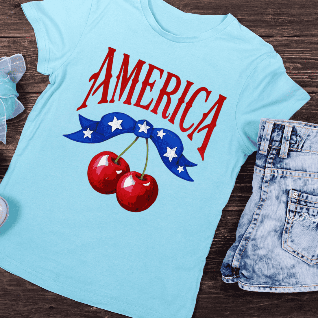 America Cherries Star Bow T-Shirt Design preview image.