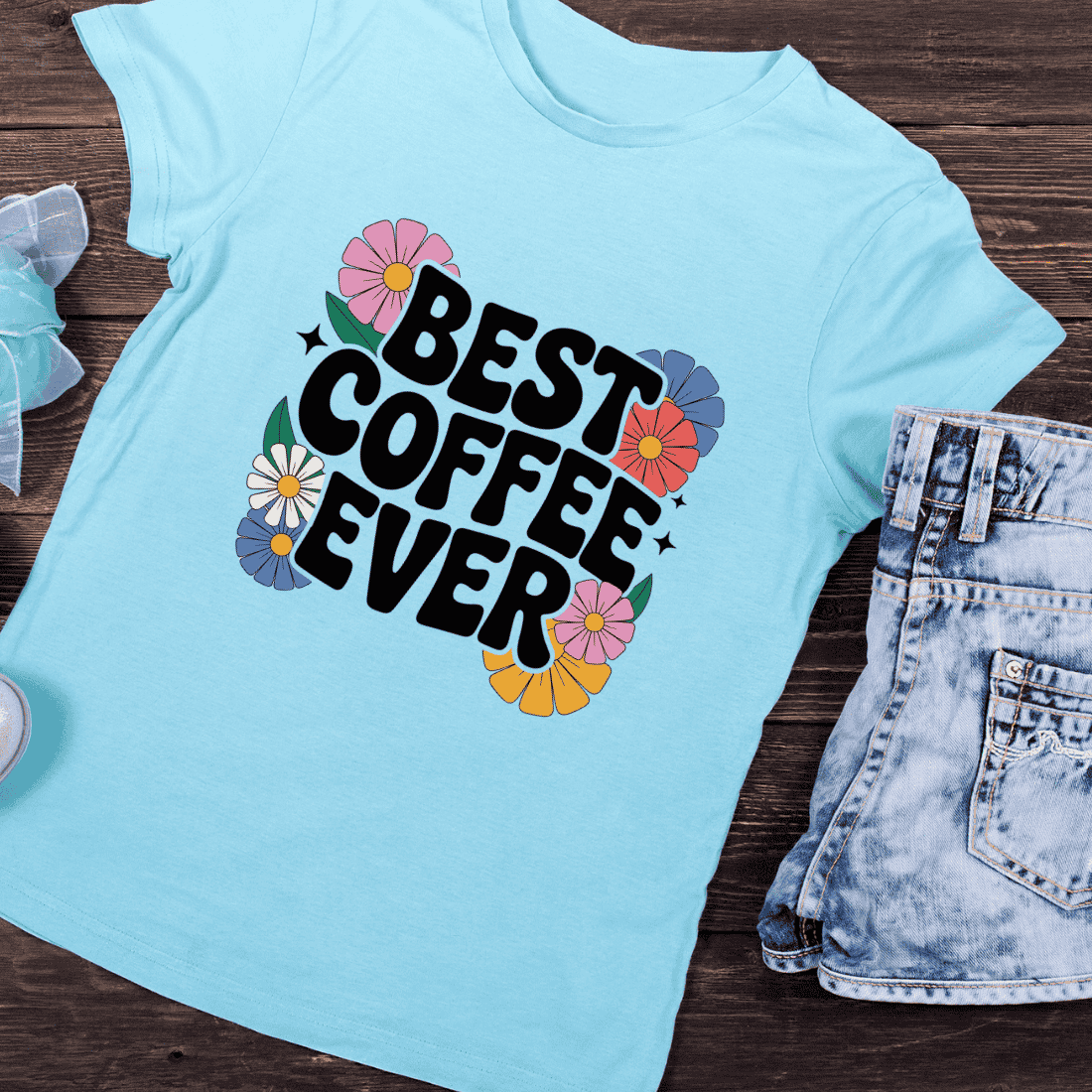 Retro Floral Coffee Quote T-Shirt Design preview image.