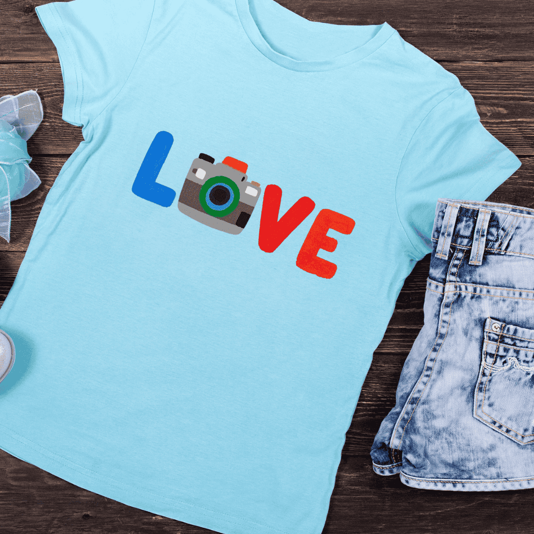 Colorful LOVE Photography Camera T-Shirt Design preview image.
