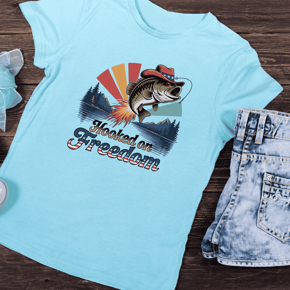 Hooked on Freedom Fishing T-Shirt Design preview image.