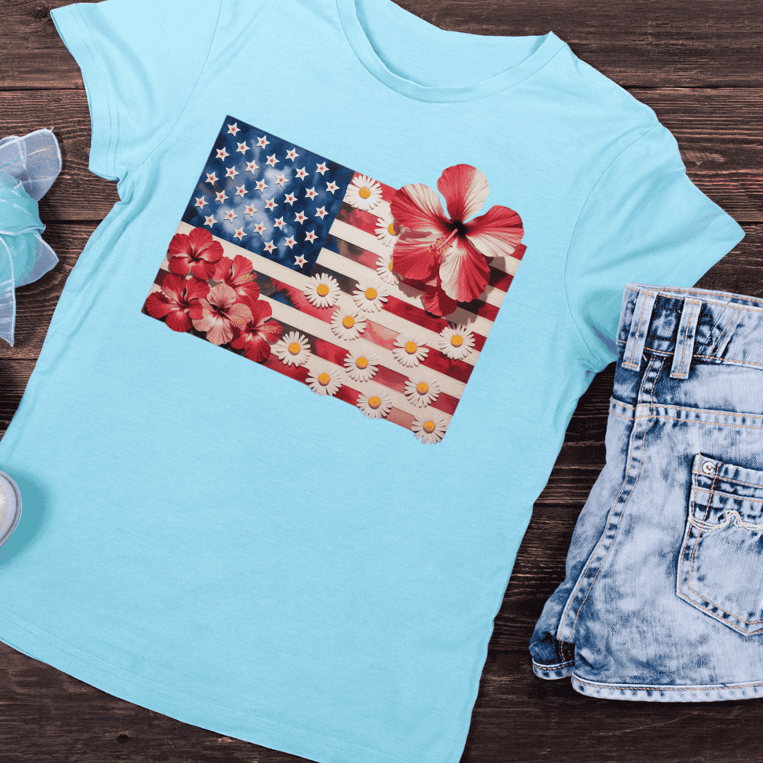 Tropical Flowers on US Flag T-Shirt Design preview image.