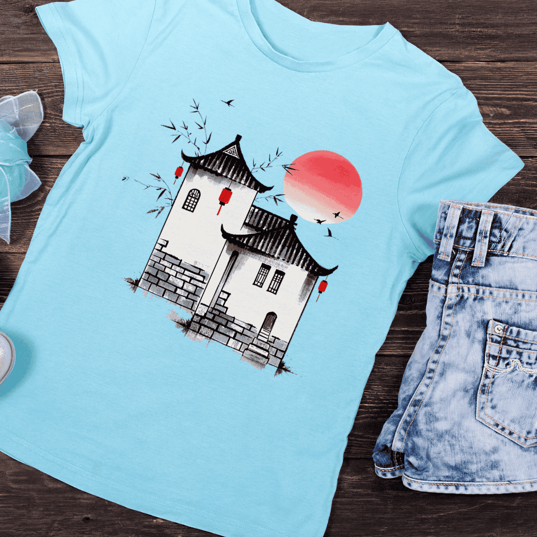 Asian Landscape Traditional Buildings T-Shirt Design preview image.