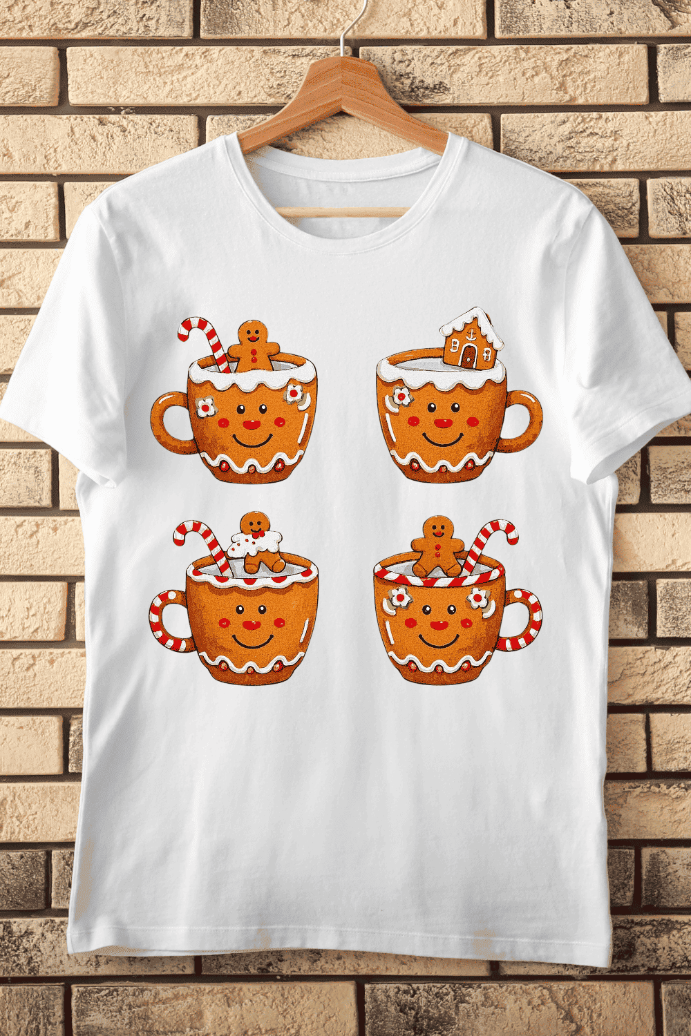 Festive Winter Drink Mugs and Gingerbread Cookies T-Shirt Design pinterest preview image.