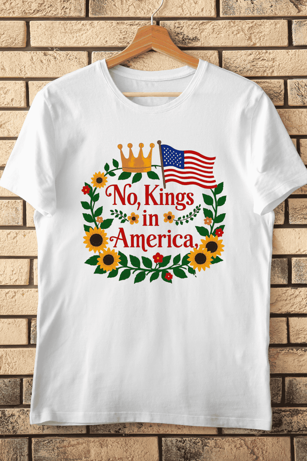 Patriotic Freedom with Sunflowers and Flag T-Shirt Design pinterest preview image.