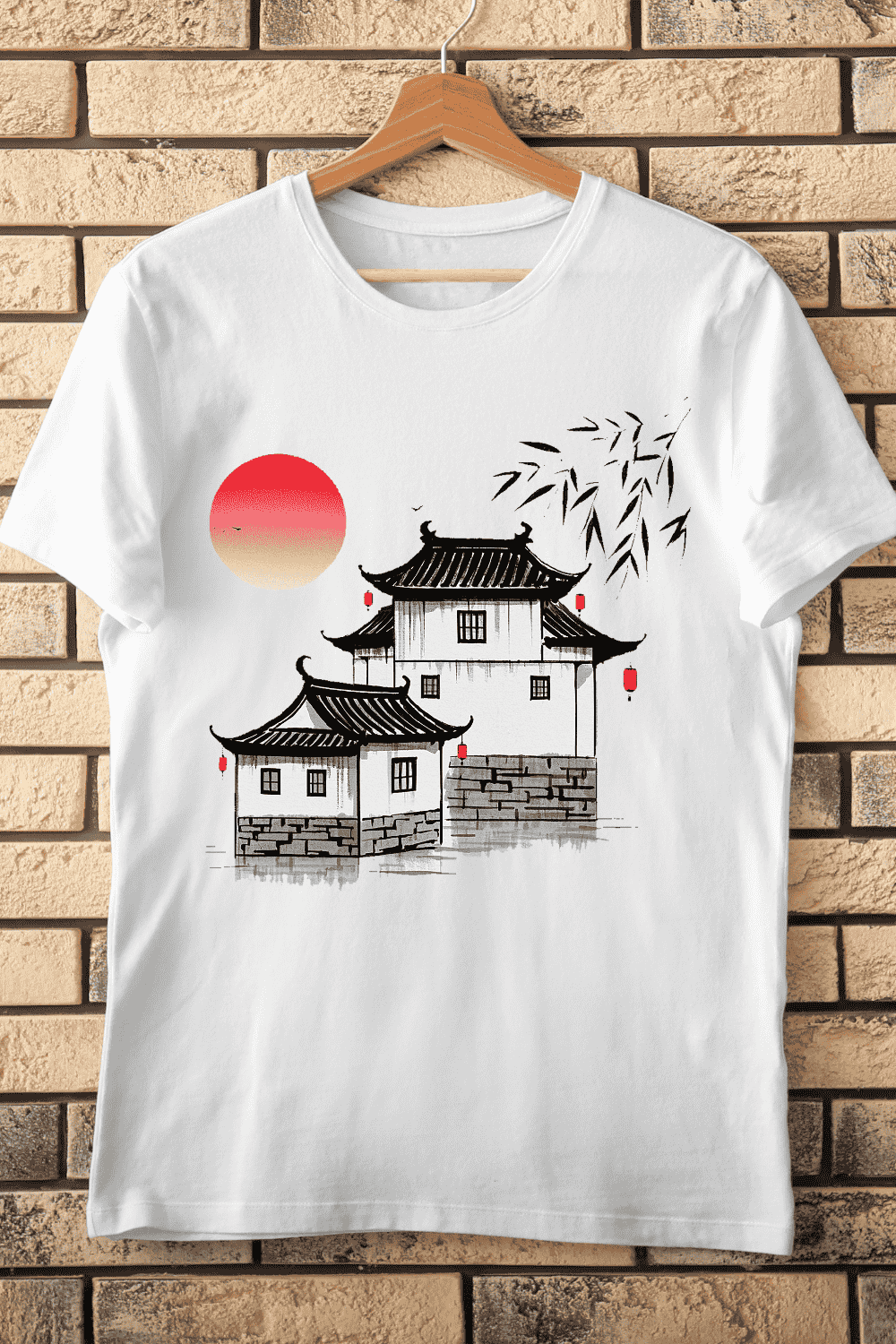 Chinese Village Ink Wash T-Shirt Design pinterest preview image.