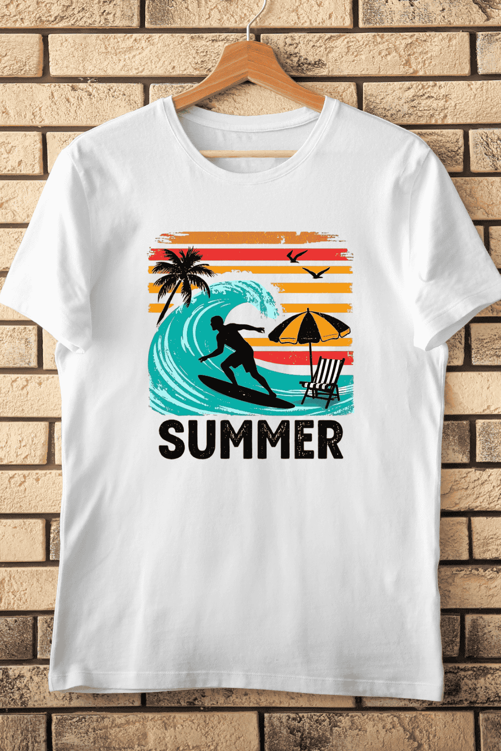 Vintage Surfer Palm Tree T-Shirt Design pinterest preview image.