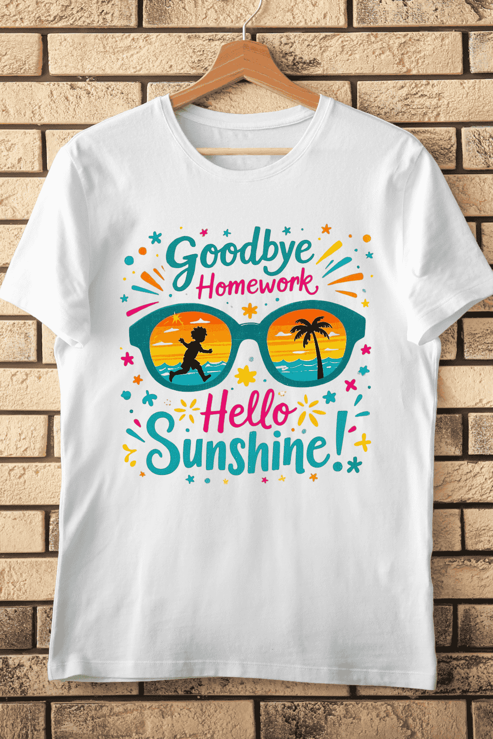 Goodbye Homework Hello Sunshine T-Shirt Design pinterest preview image.
