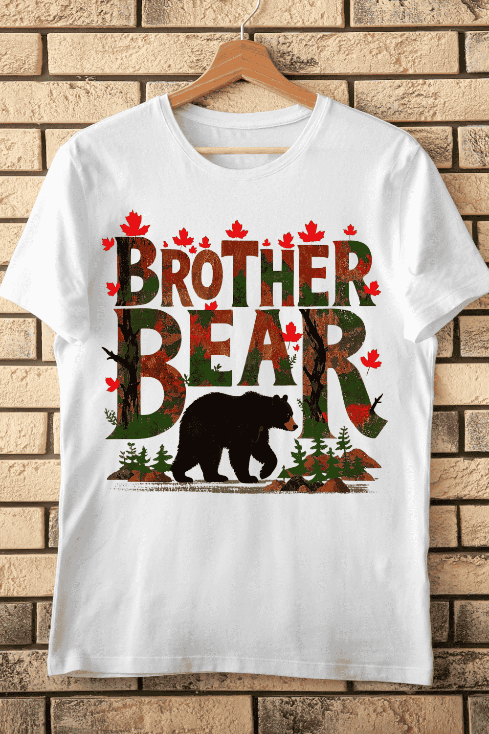 Forest Theme Brother Bear with Autumn Leaves T-Shirt Design pinterest preview image.