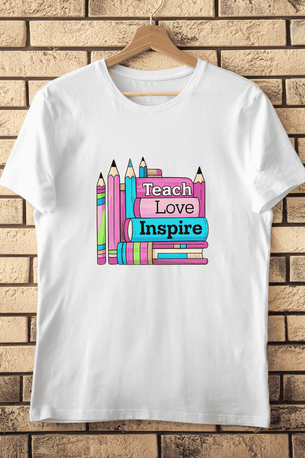 Teach Love Inspire Books Pencils T-Shirt Design pinterest preview image.