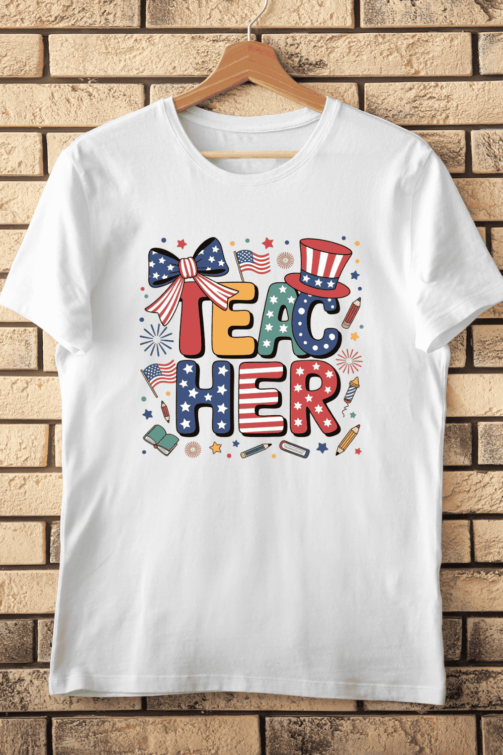 Independence Day Teacher Typography T-Shirt Design pinterest preview image.