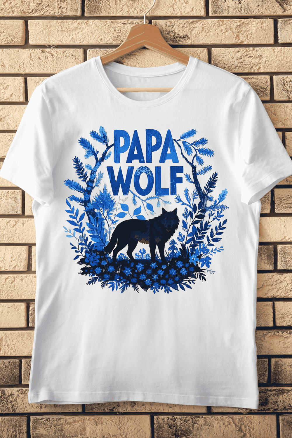 Papa Wolf Forest with Blue Botanicals T-Shirt Design pinterest preview image.