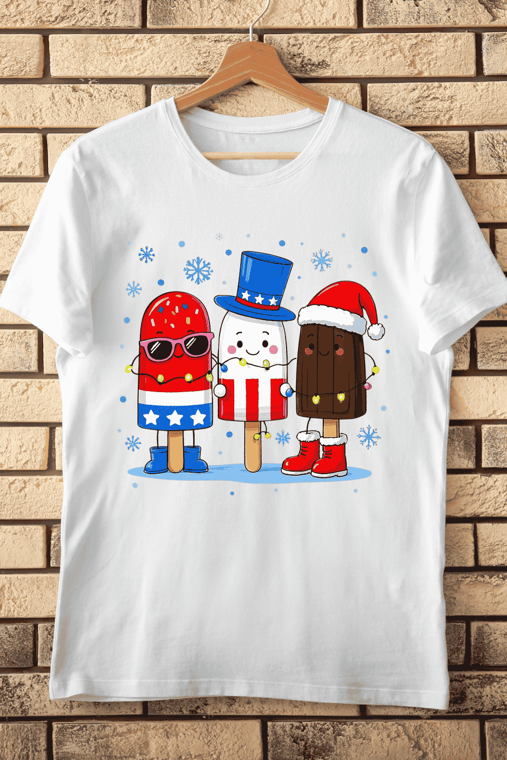 USA Themed Popsicle Characters in Winter T-Shirt Design pinterest preview image.