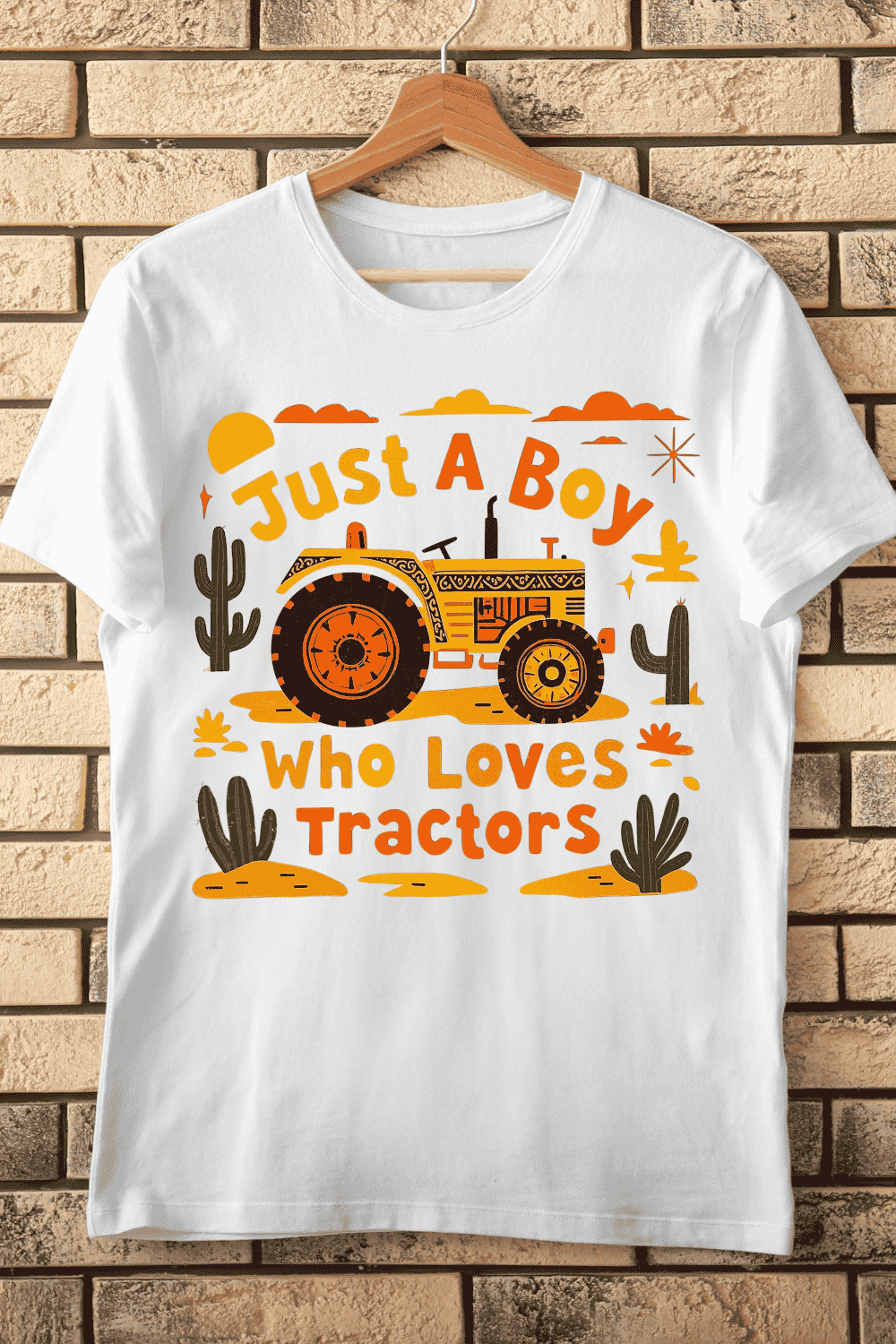 Tractor Lover Boy with Desert Scene T-Shirt Design pinterest preview image.