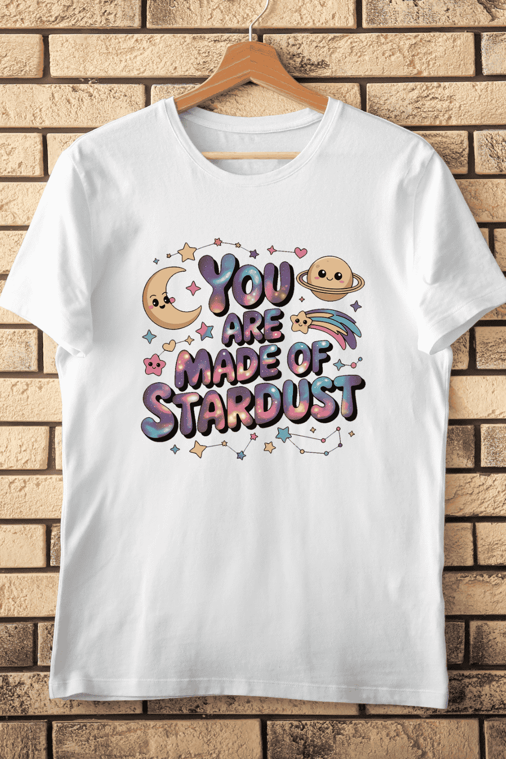 Cute You Are Made of Stardust Galaxy Quote T-Shirt Design pinterest preview image.