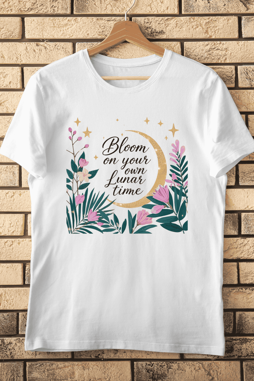 Inspirational Moon and Flowers T-Shirt Design pinterest preview image.