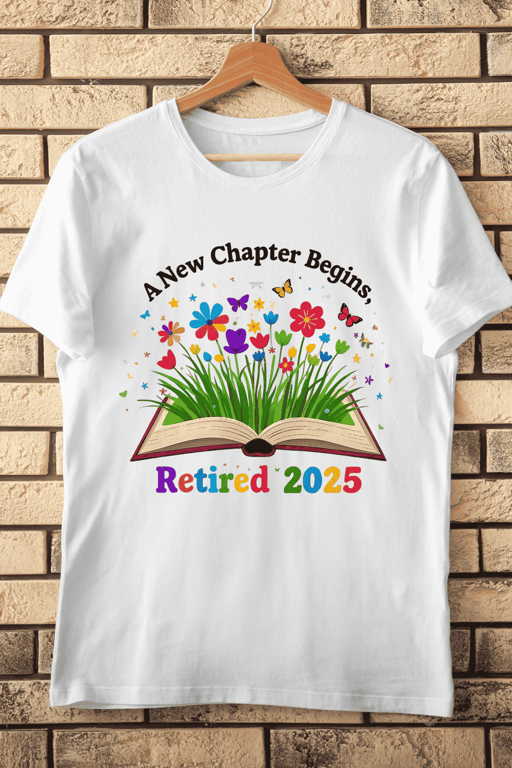Retired 2025 New Chapter Begins T-Shirt Design pinterest preview image.