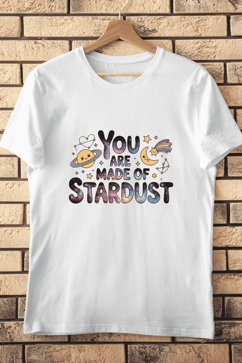 Kawaii Space Quote with Moon, Stars, and Planet T-Shirt Design pinterest preview image.