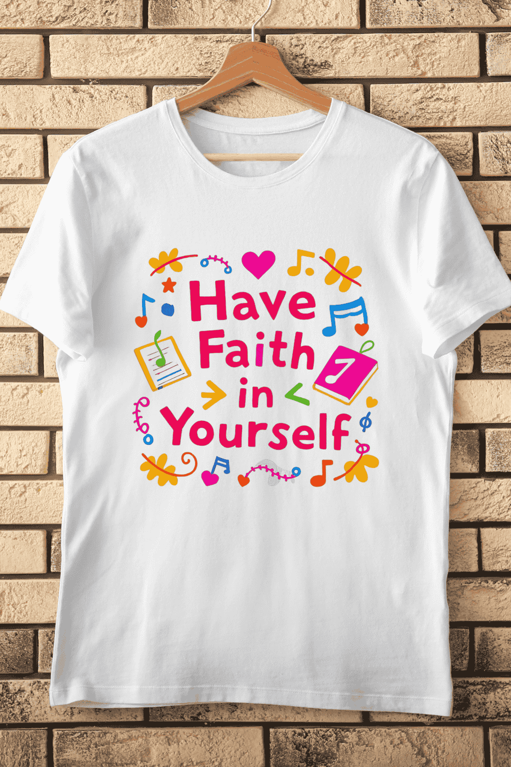 Vibrant Self-Belief with Doodle Icons T-Shirt Design pinterest preview image.