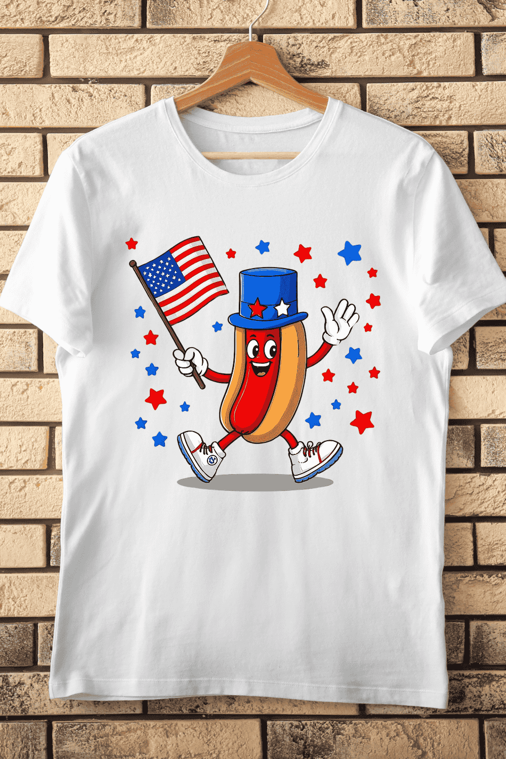 Patriotic Hot Dog with American Flag T-Shirt Design pinterest preview image.
