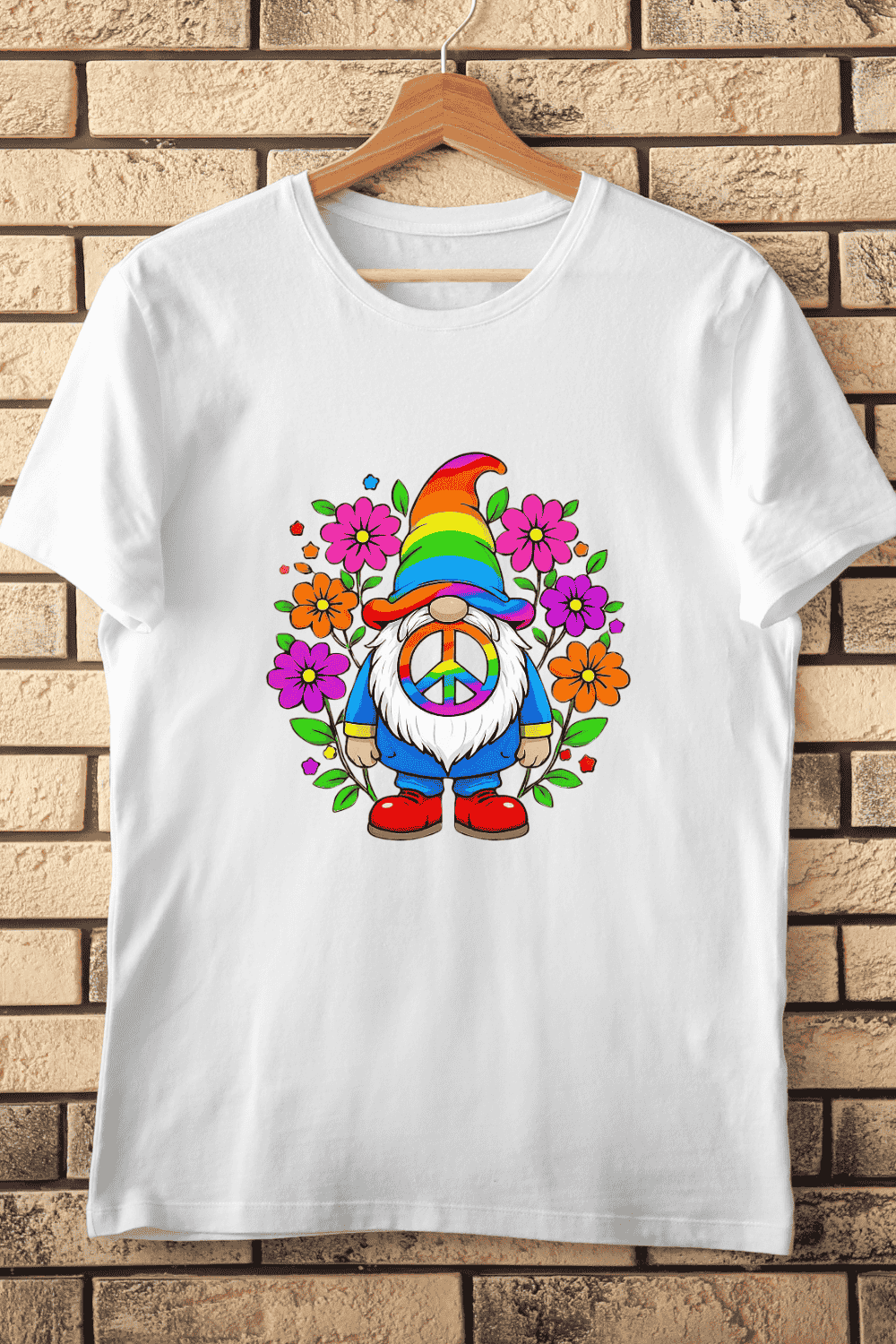 Hippie Gnome with Flowers T-Shirt Design pinterest preview image.